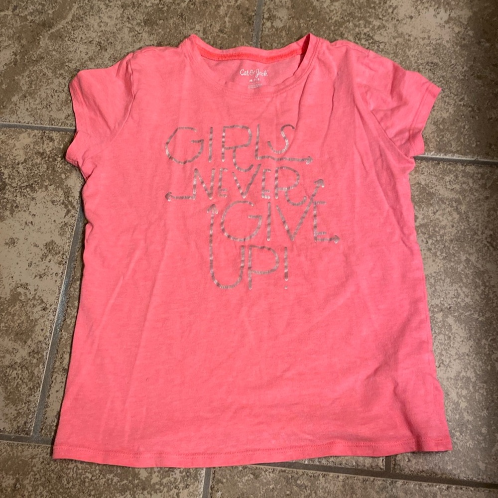 Hot pink neon highlighter shirt sleeve tee t shirt cat & Jack 7/8 never give up